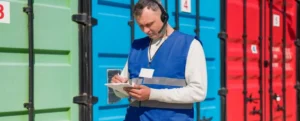 Cargo integrity inspection with high-security bolt seals on a shipping container